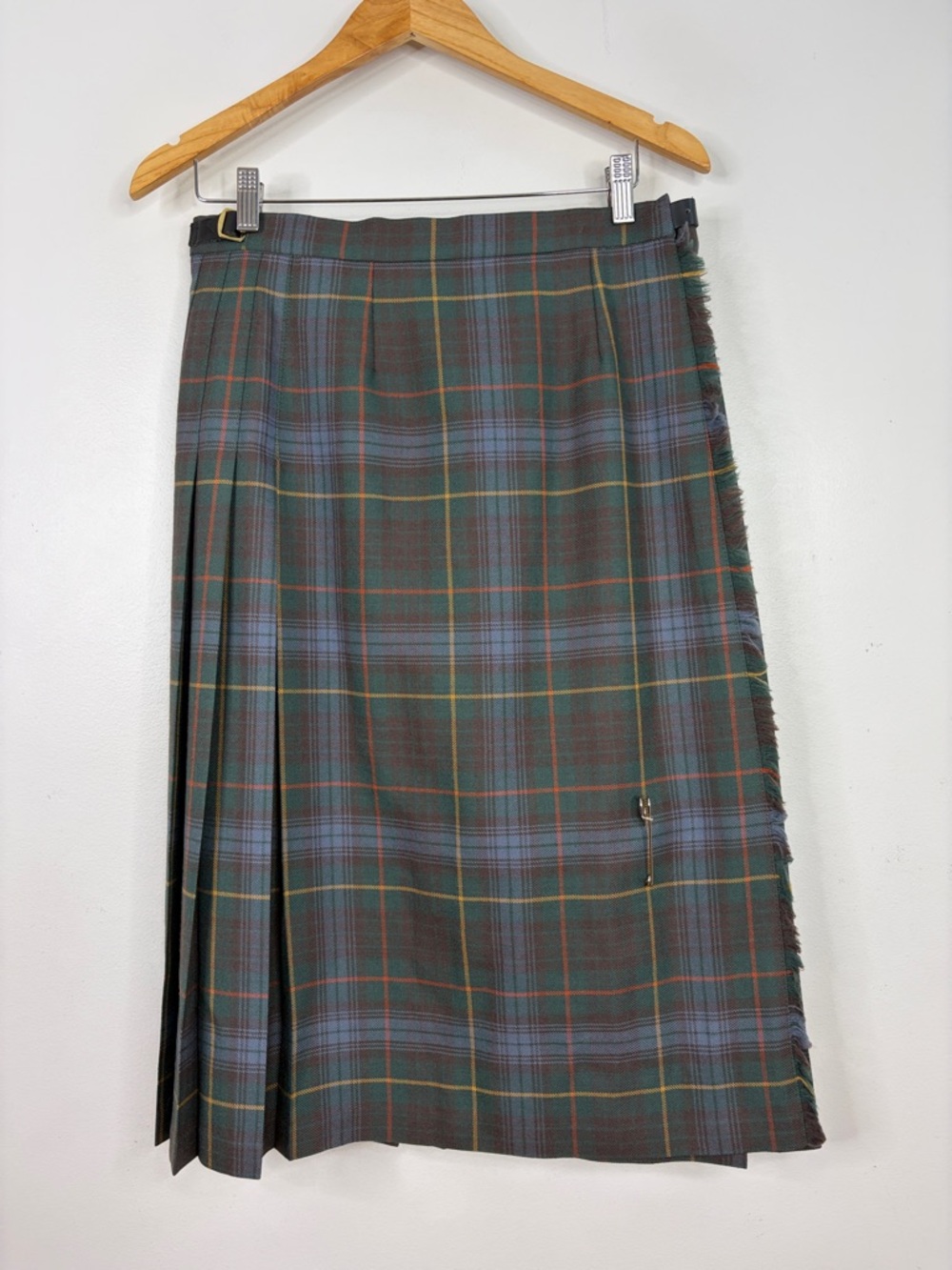 Scottish Kilt Womens US Medium Large Blue Green Tartan Plaid Wool Pleated Skirt
